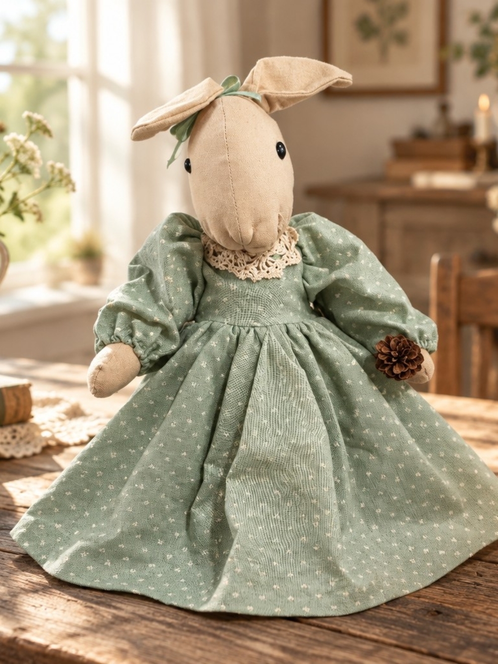 Source Unknown Cream Bunny Doll with Green Dress